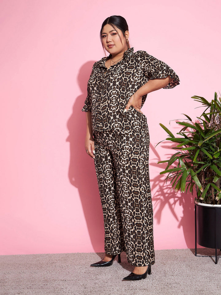 Women's Beige Animal Print Shirt With Straight Pants - SASSAFRAS