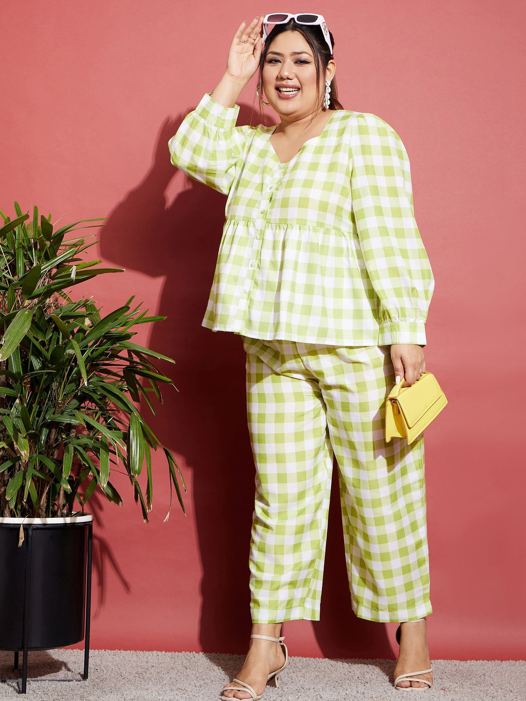 Women's Green & White Check Top With Tapered Pants - SASSAFRAS