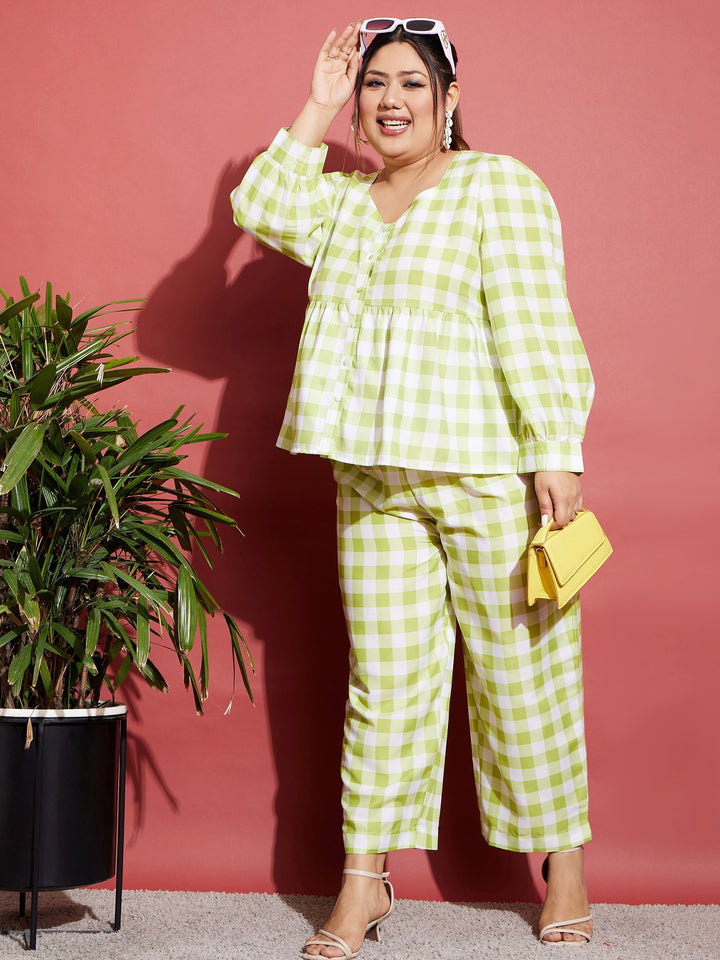 Women's Green & White Check Top With Tapered Pants - SASSAFRAS