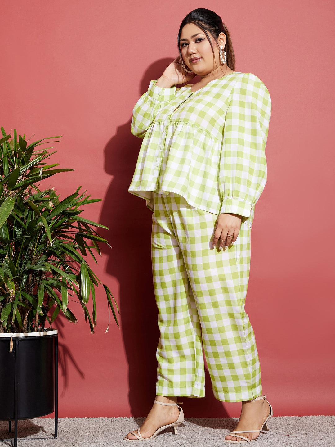 Women's Green & White Check Top With Tapered Pants - SASSAFRAS