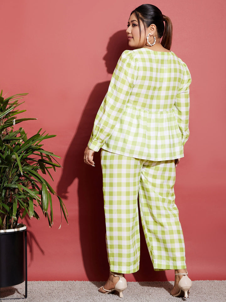 Women's Green & White Check Top With Tapered Pants - SASSAFRAS