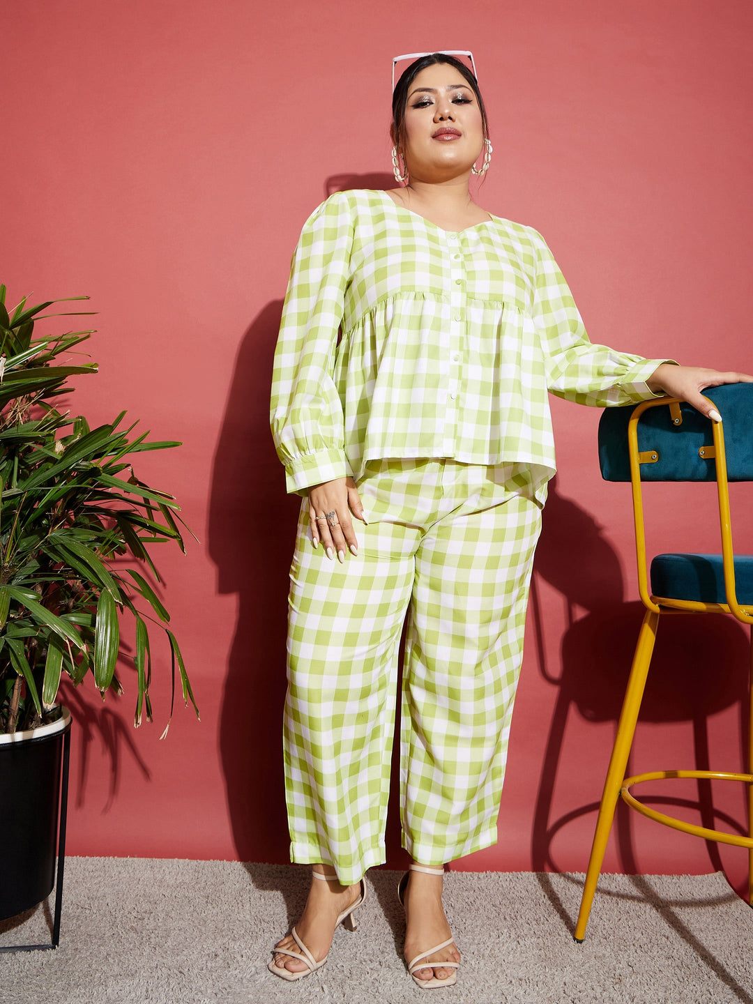 Women's Green & White Check Top With Tapered Pants - SASSAFRAS