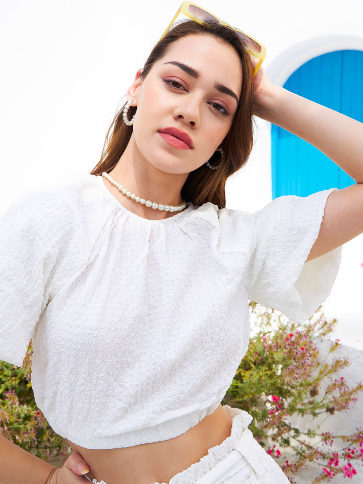Women's White Seersucker Crop Top With Paperbag Shorts - SASSAFRAS