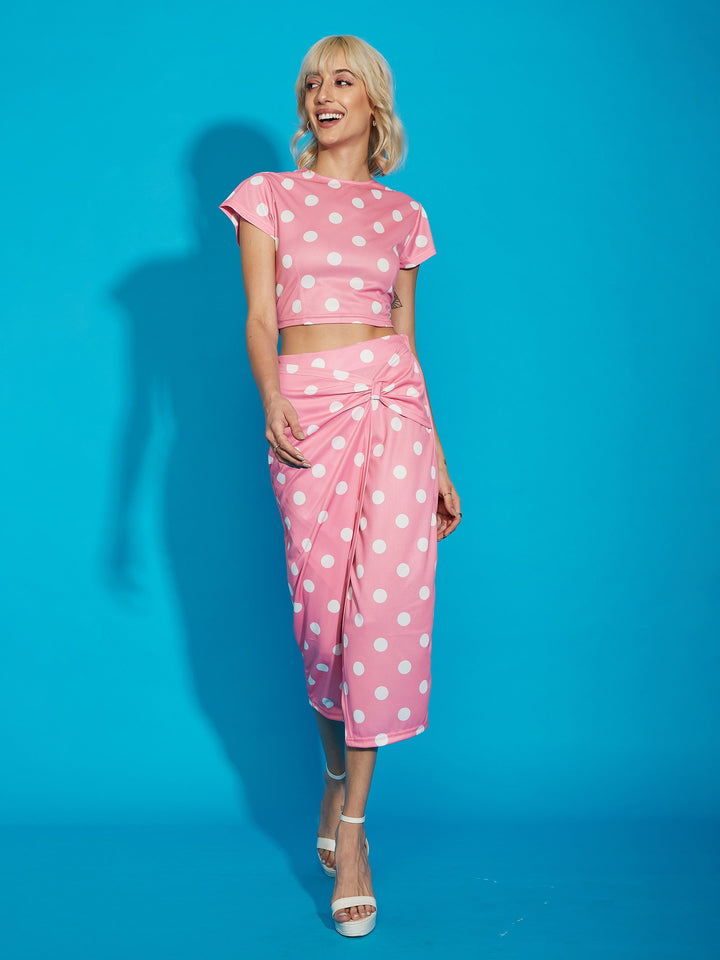 Women's Pink Polka Dot Crop Top With Twisted Midi Skirt - SASSAFRAS