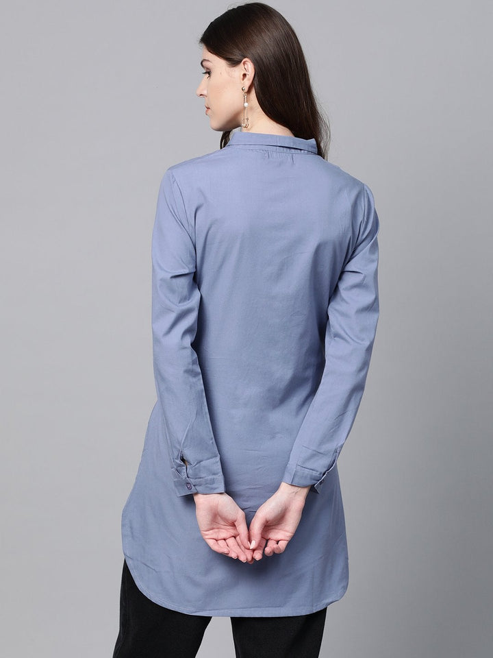 Women's Blue Front Tie Longline Shirt - SASSAFRAS