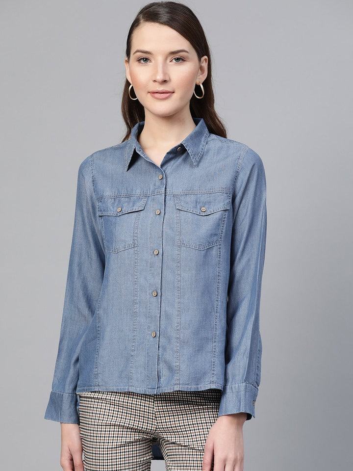 Women's Blue High Low Denim Shirt - SASSAFRAS