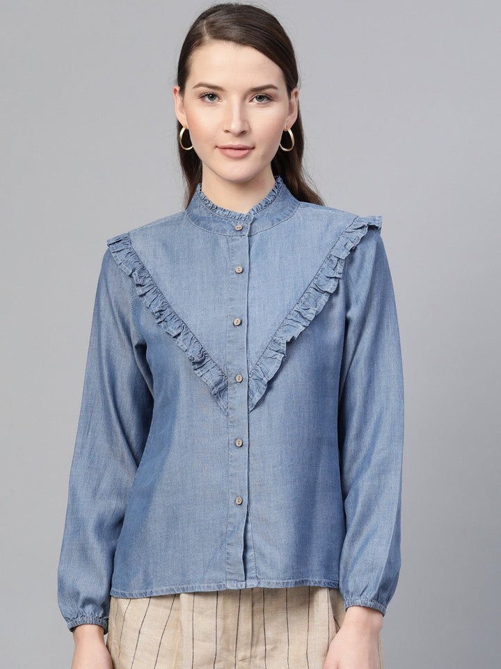 Women's Blue Front Frilly Denim Shirt - SASSAFRAS