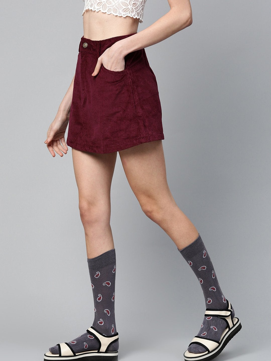 Women's Burgundy Corduroy A-Line Mini Skirt - SASSAFRAS