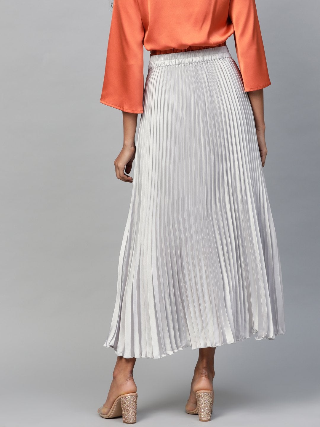 Women's Grey Satin Pleated Maxi Skirt - SASSAFRAS