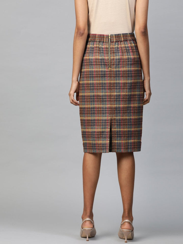 Women's Multicolor Jacquard Check Pencil Skirt - SASSAFRAS