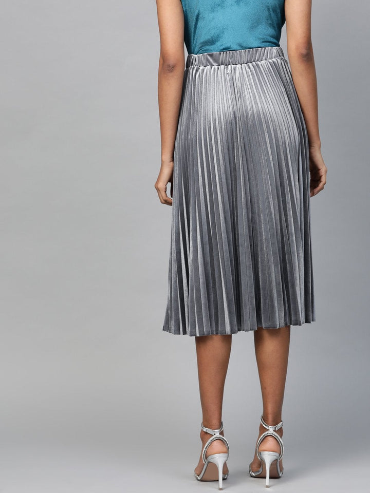 Women's Grey Velvet Pleated Midi Skirt - SASSAFRAS