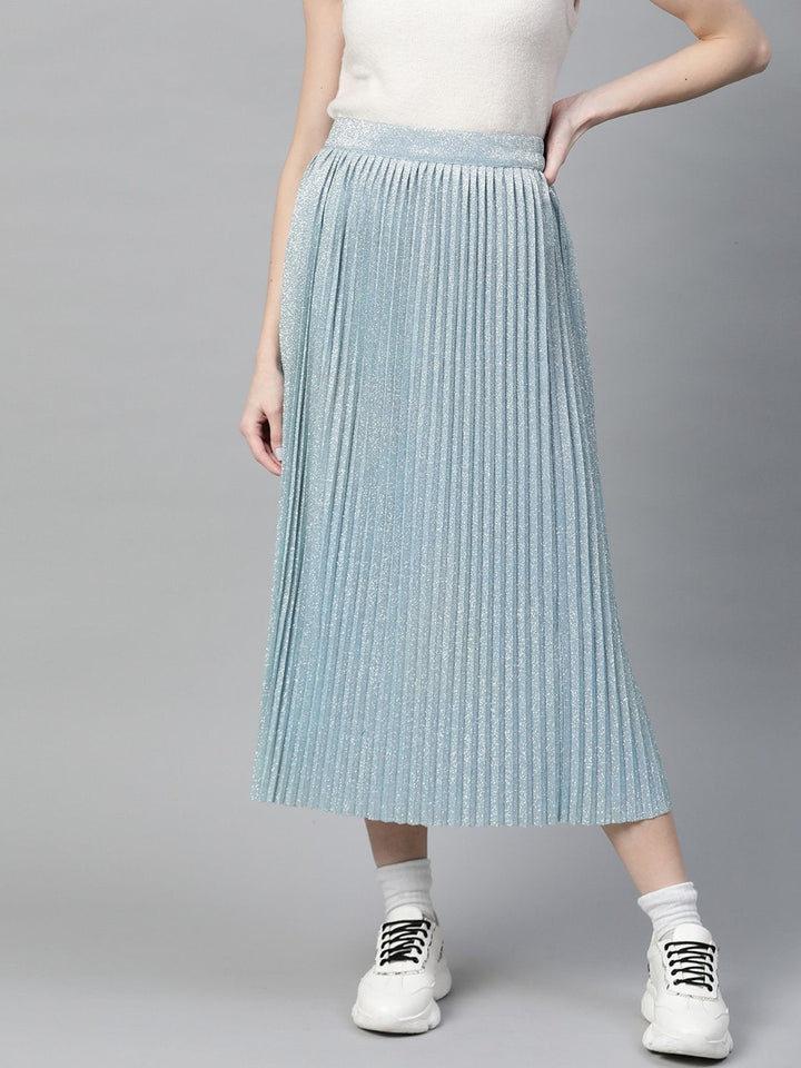 Women's Blue Lurex Pleated Midi Skirt - SASSAFRAS