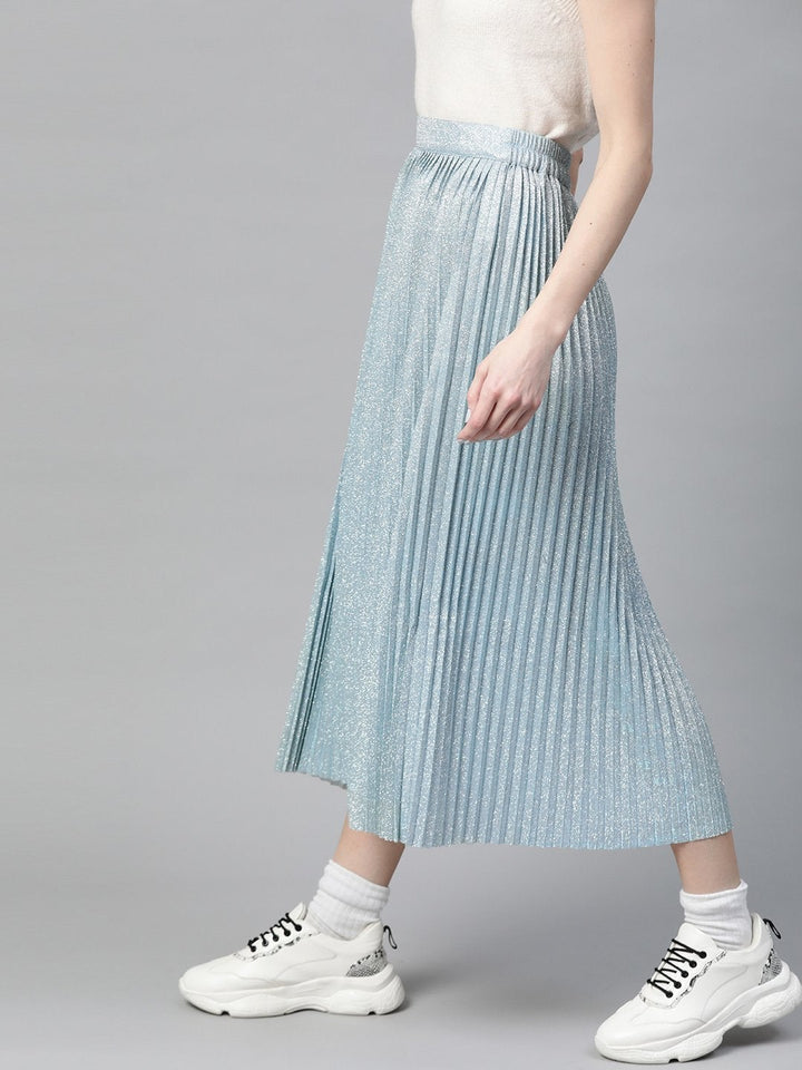 Women's Blue Lurex Pleated Midi Skirt - SASSAFRAS