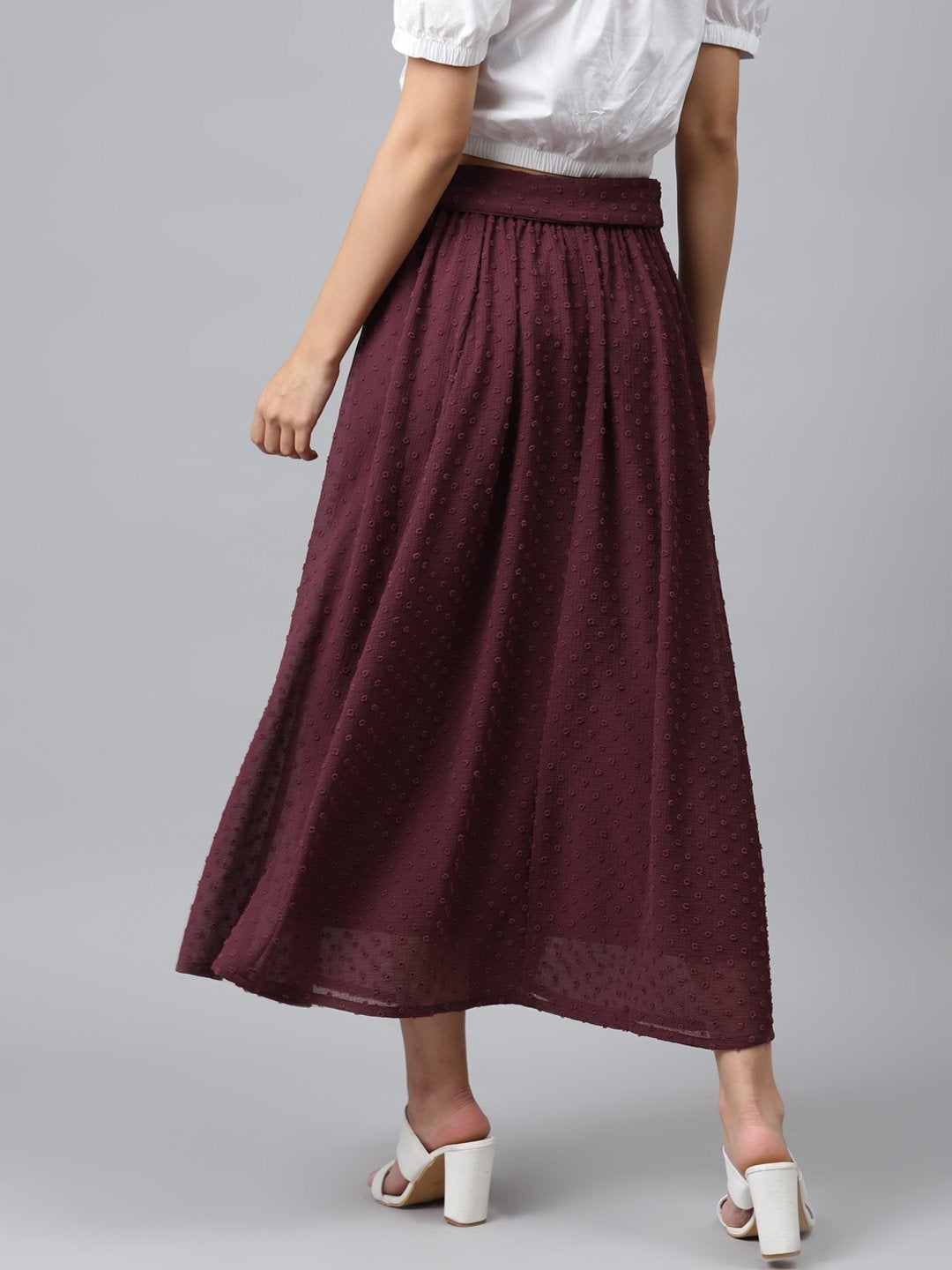 Women's Burgundy Dobby Flared Skirt - SASSAFRAS