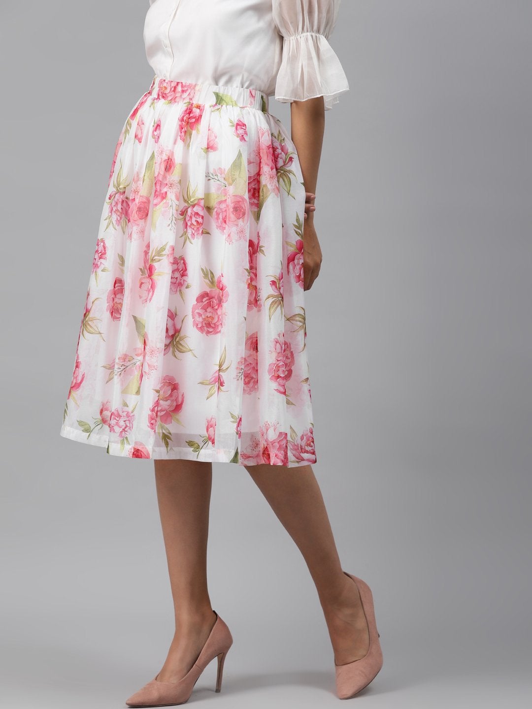 Women's White Floral Gathered Skirt - SASSAFRAS