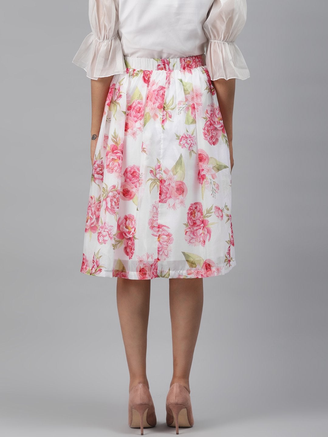 Women's White Floral Gathered Skirt - SASSAFRAS