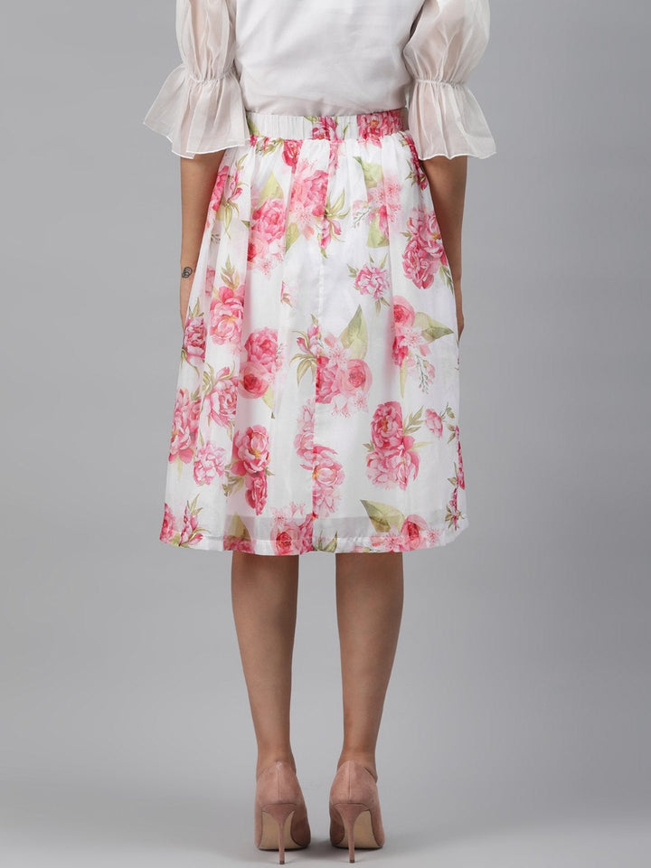 Women's White Floral Gathered Skirt - SASSAFRAS