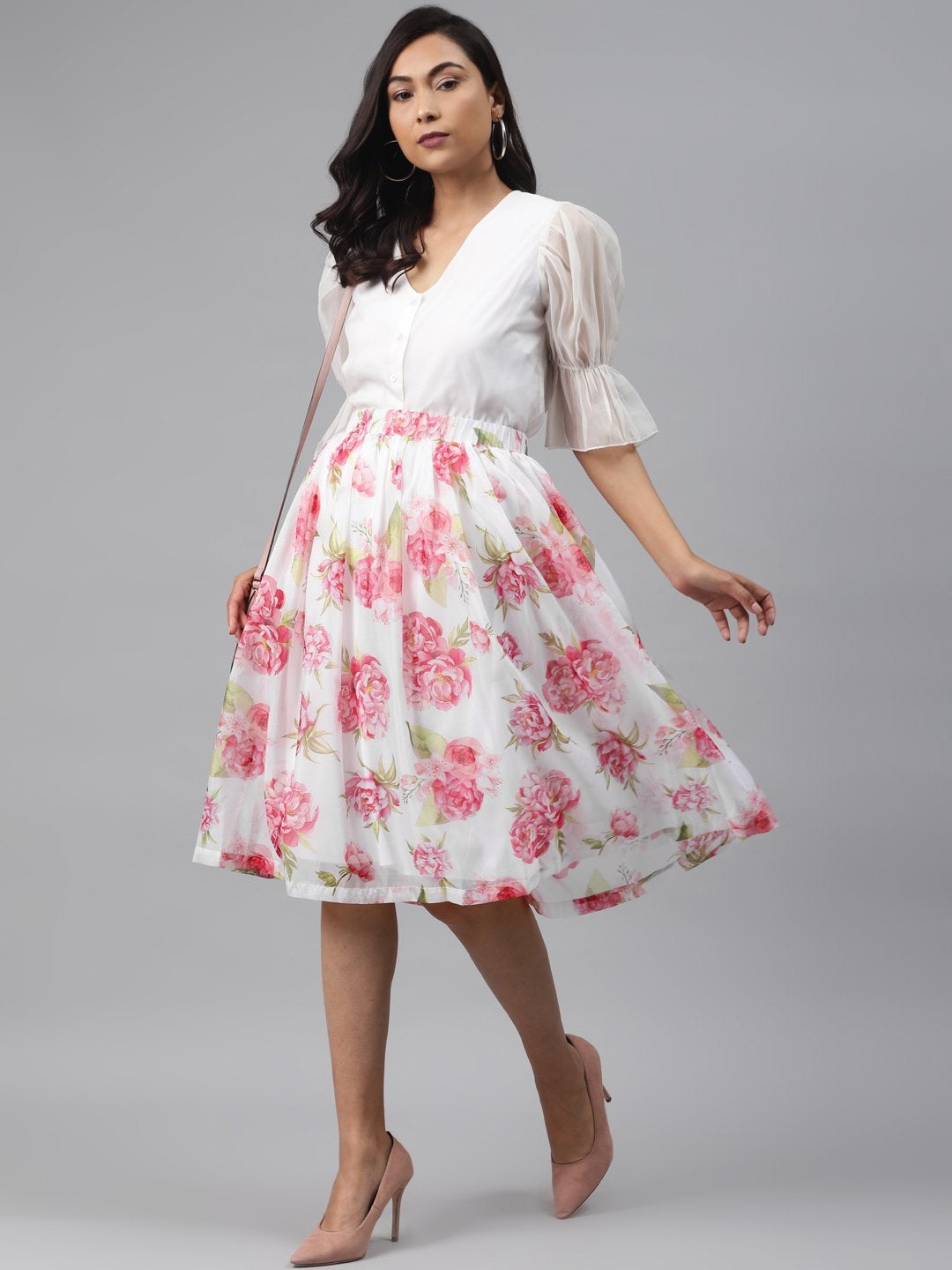 Women's White Floral Gathered Skirt - SASSAFRAS