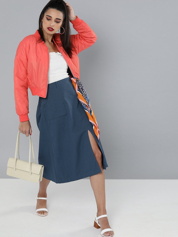 Women's Navy Front Slit A-Line Skirt - SASSAFRAS