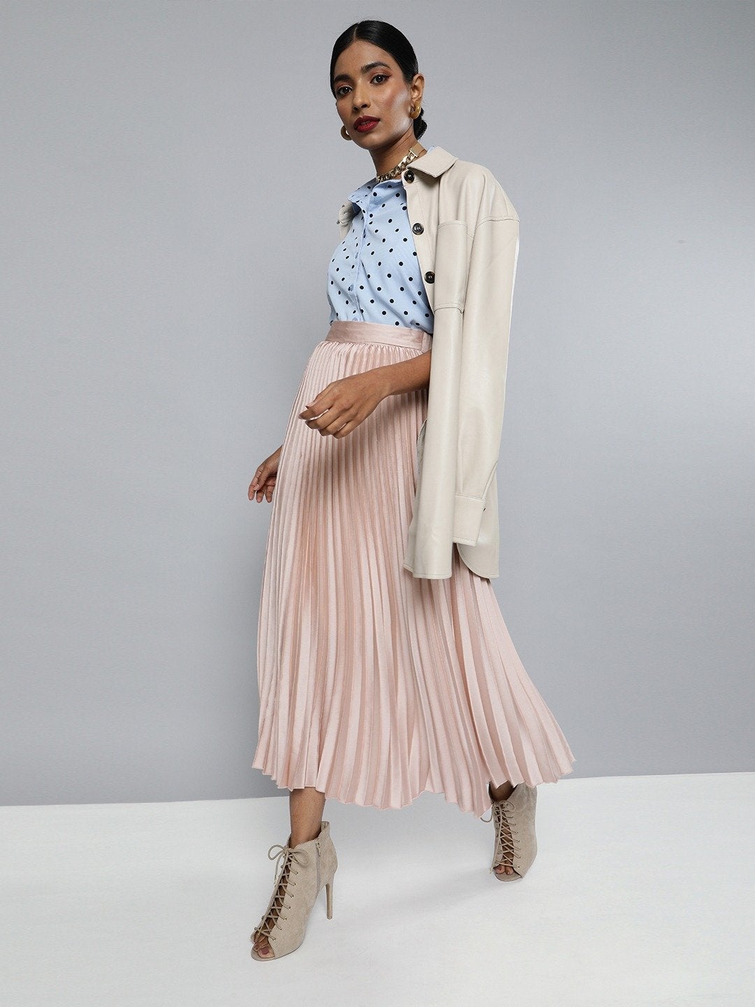 Women's Champagne Pink Satin Pleated Maxi Skirt - SASSAFRAS