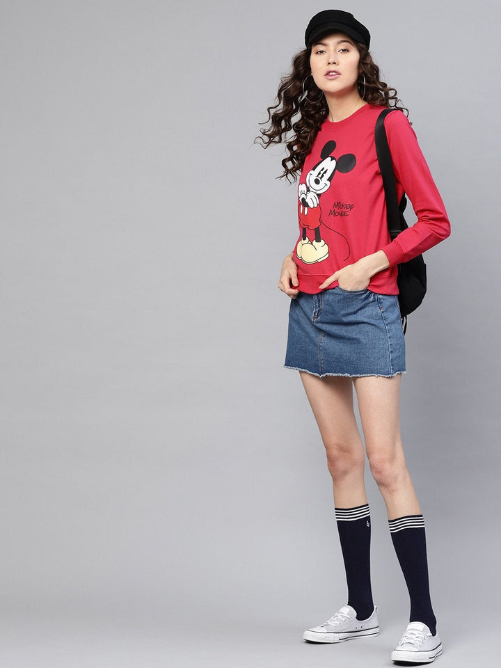 Women's Fuchsia Mickey Mouse Print Sweatshirt - SASSAFRAS