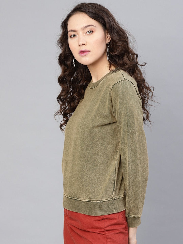 Women's Olive Stone Washed Sweatshirt - SASSAFRAS