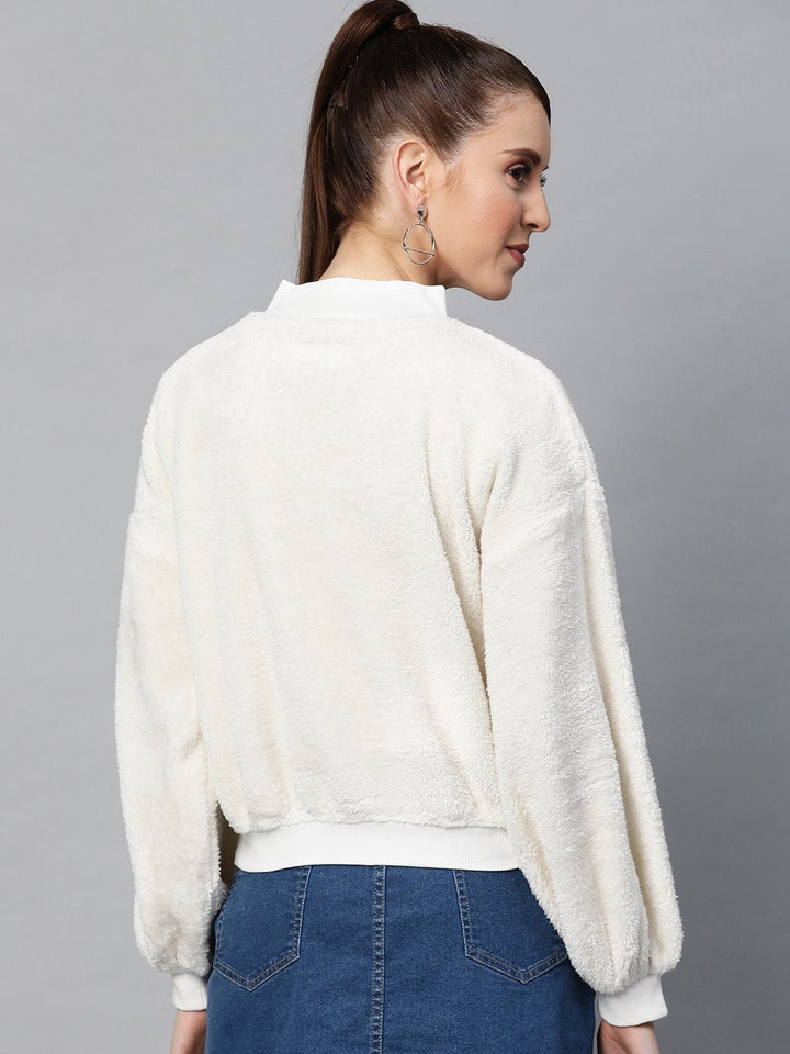 Women's White Balloon Sleeve Faux Fur Sweatshirt - SASSAFRAS