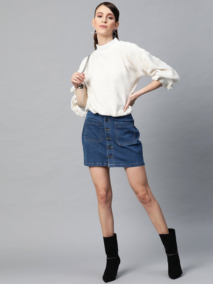 Women's White Balloon Sleeve Faux Fur Sweatshirt - SASSAFRAS