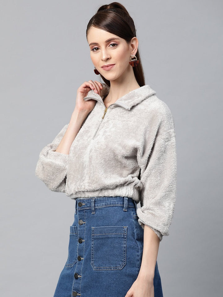 Women's Grey  Zip Front Faux Fur Crop Sweatshirt - SASSAFRAS