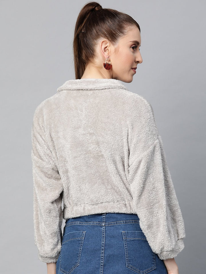 Women's Grey  Zip Front Faux Fur Crop Sweatshirt - SASSAFRAS