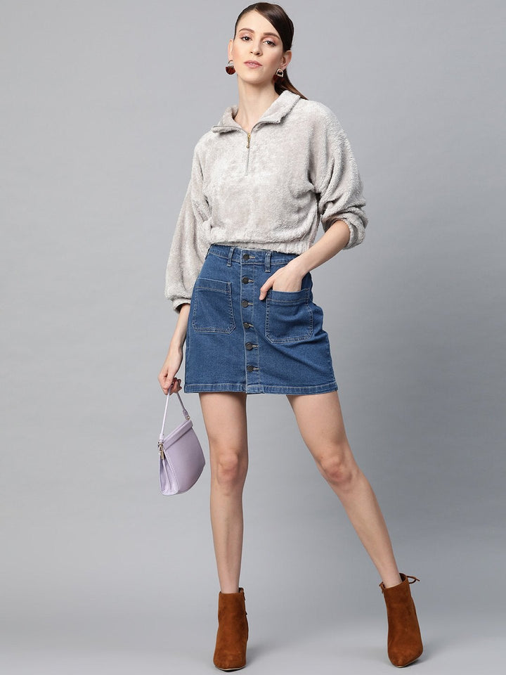 Women's Grey  Zip Front Faux Fur Crop Sweatshirt - SASSAFRAS