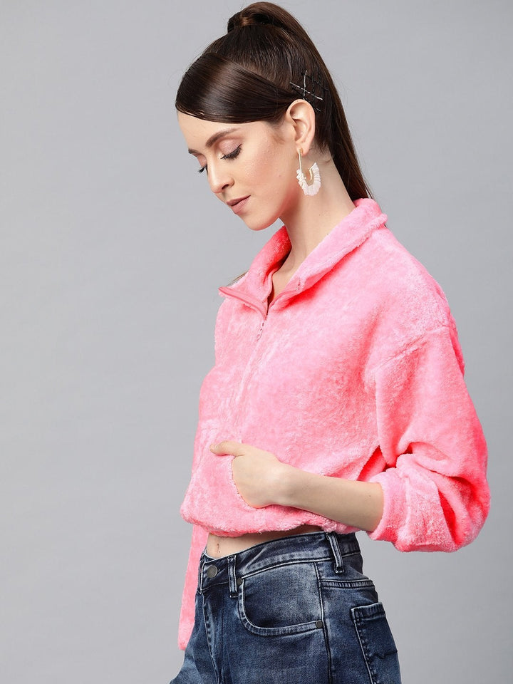 Women's Pink Kangaroo Pocket Faux Fur Crop Sweatshirt - SASSAFRAS
