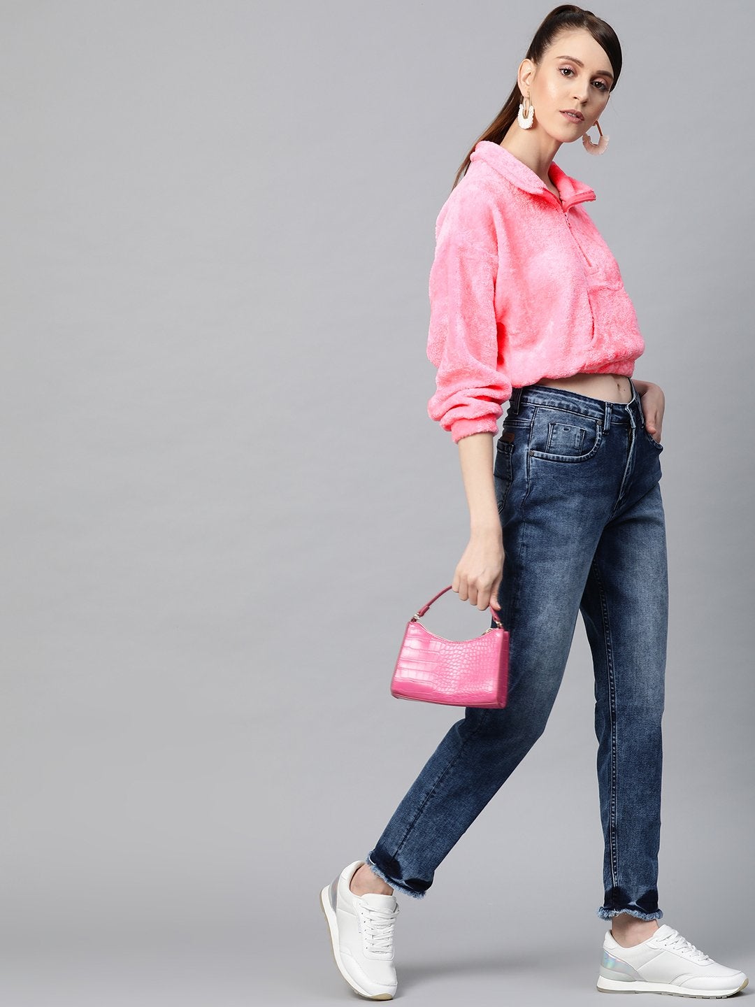 Women's Pink Kangaroo Pocket Faux Fur Crop Sweatshirt - SASSAFRAS