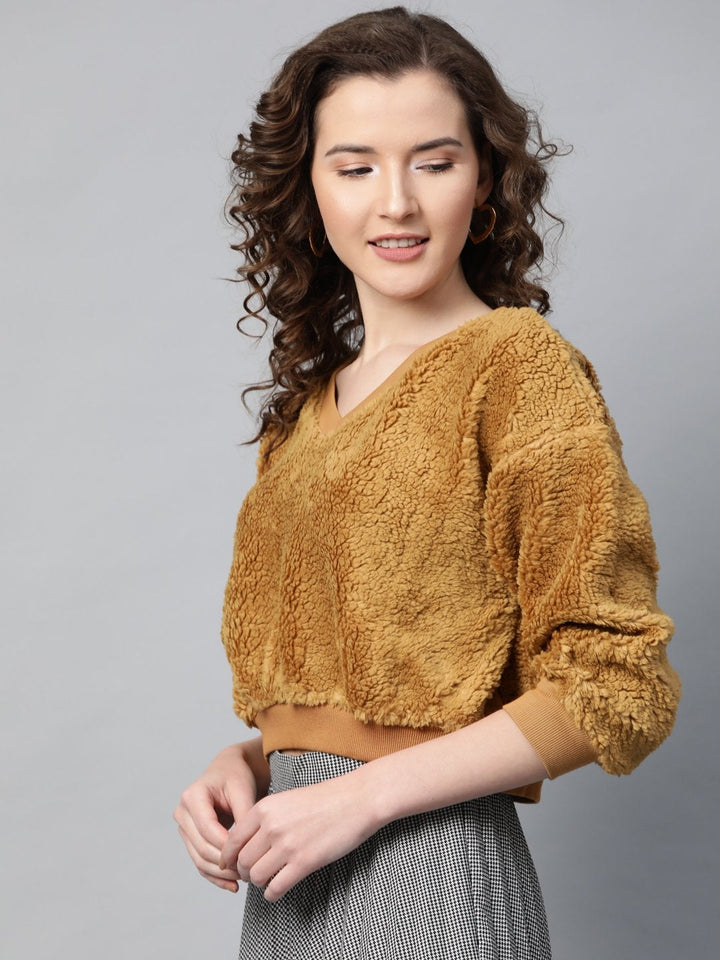 Women's Mustard V-Neck Faux Fur Crop Sweatshirt - SASSAFRAS