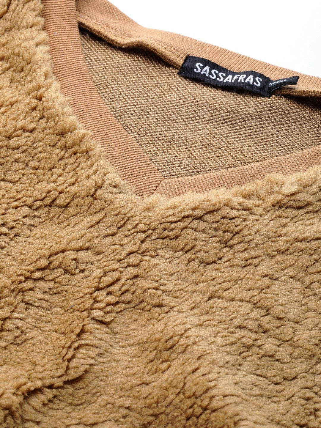 Women's Mustard V-Neck Faux Fur Crop Sweatshirt - SASSAFRAS