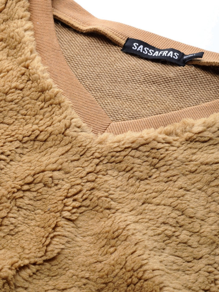 Women's Mustard V-Neck Faux Fur Crop Sweatshirt - SASSAFRAS