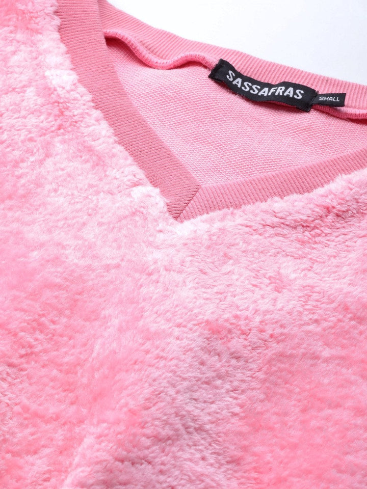 Women's Pink V-Neck Faux Fur Crop Sweatshirt - SASSAFRAS