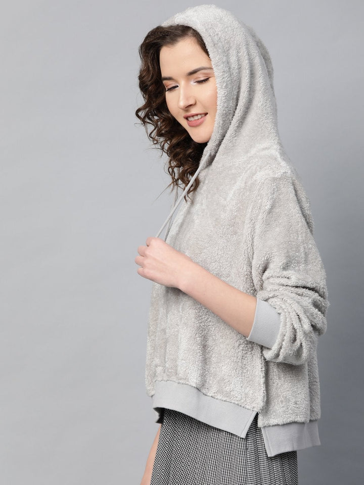Women's Grey Hooded Faux Fur Sweatshirt - SASSAFRAS