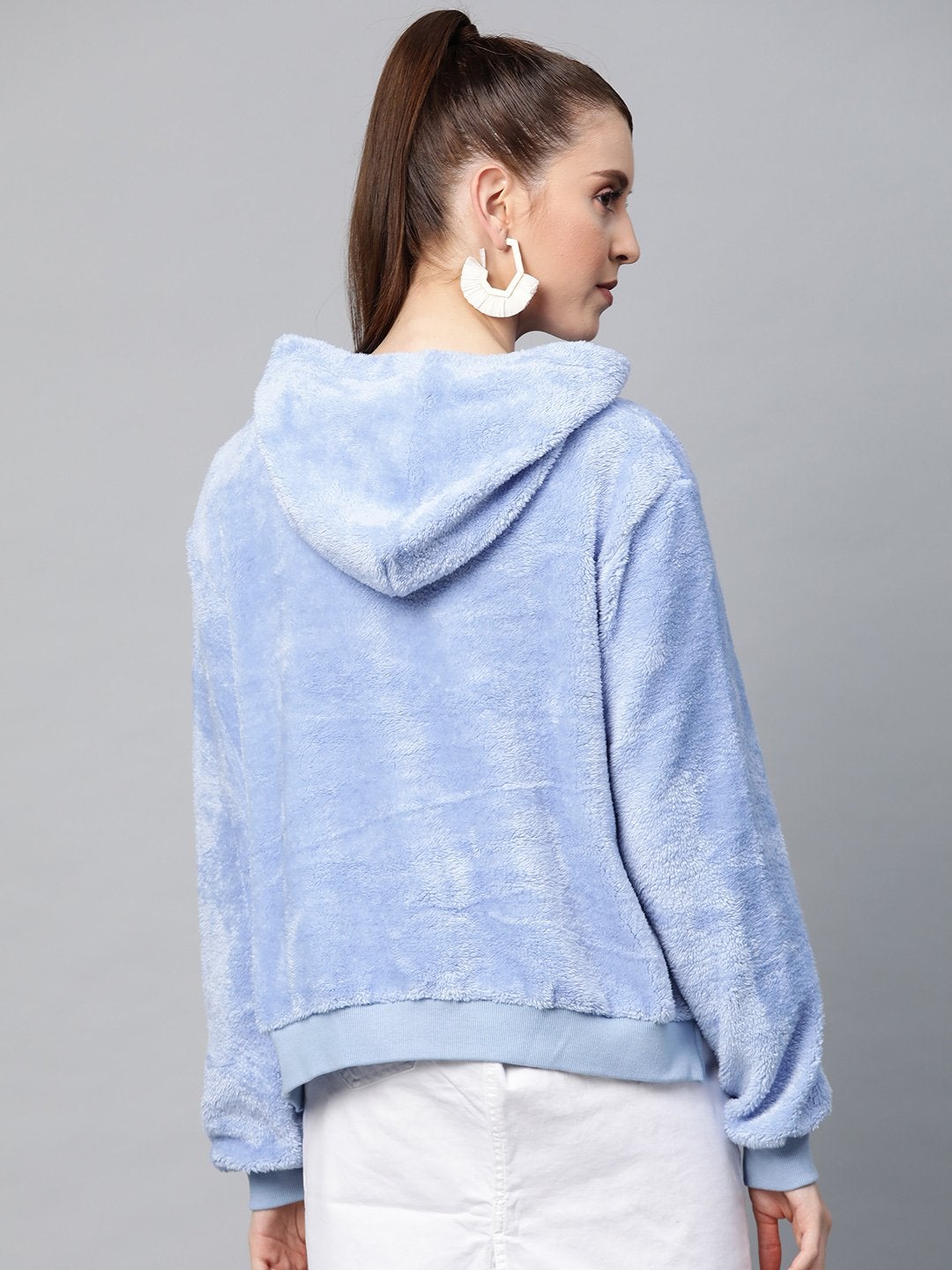 Women's Blue Hooded Faux Fur Sweatshirt - SASSAFRAS