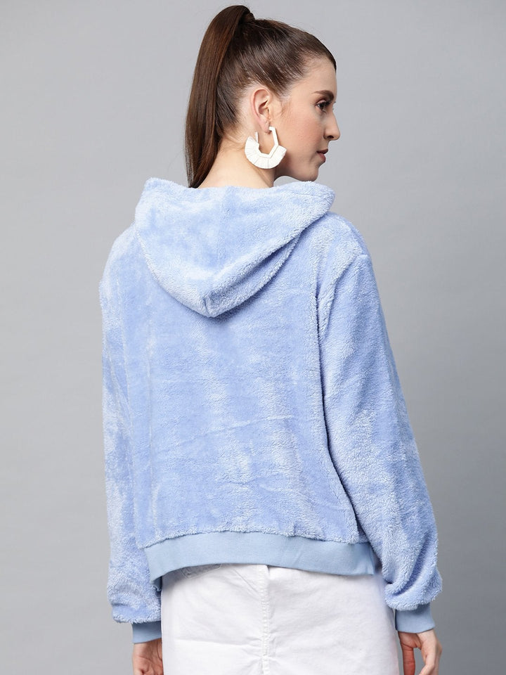 Women's Blue Hooded Faux Fur Sweatshirt - SASSAFRAS