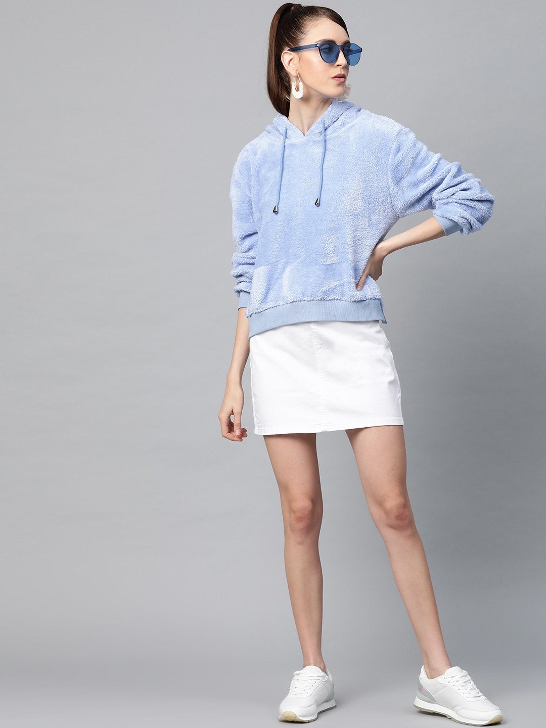 Women's Blue Hooded Faux Fur Sweatshirt - SASSAFRAS