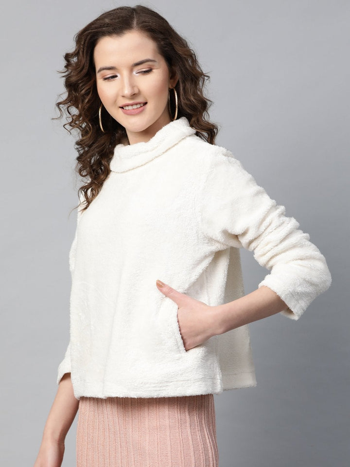 Women's White High Neck Faux Fur Sweatshirt - SASSAFRAS