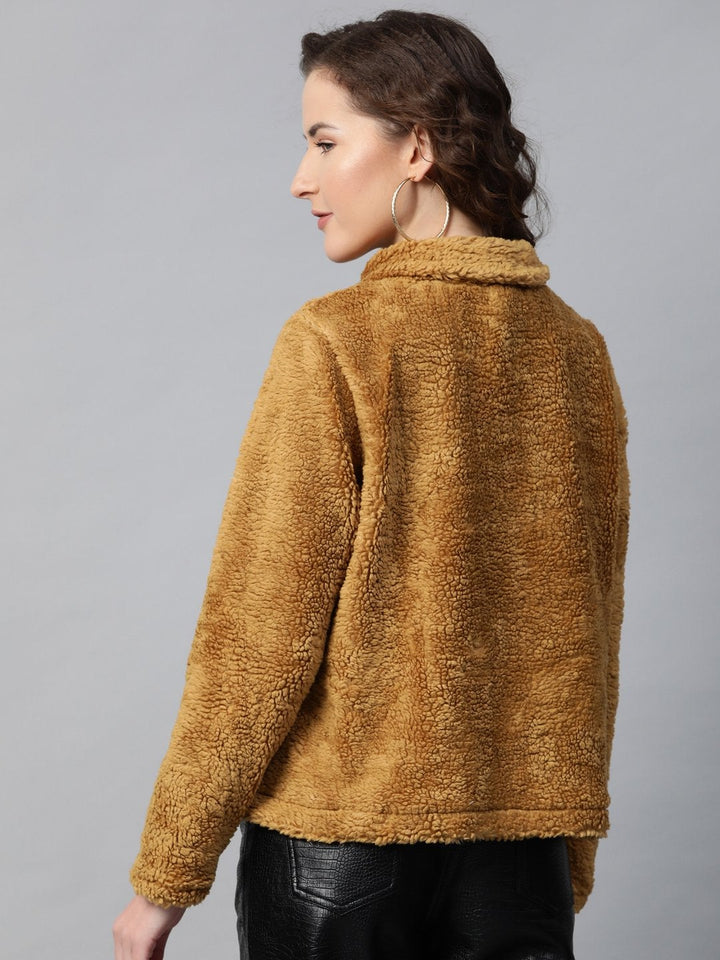 Women's Mustard High Neck Faux Fur Sweatshirt - SASSAFRAS