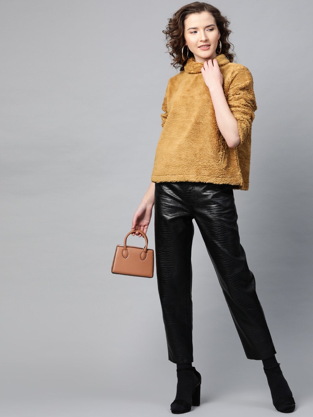 Women's Mustard High Neck Faux Fur Sweatshirt - SASSAFRAS