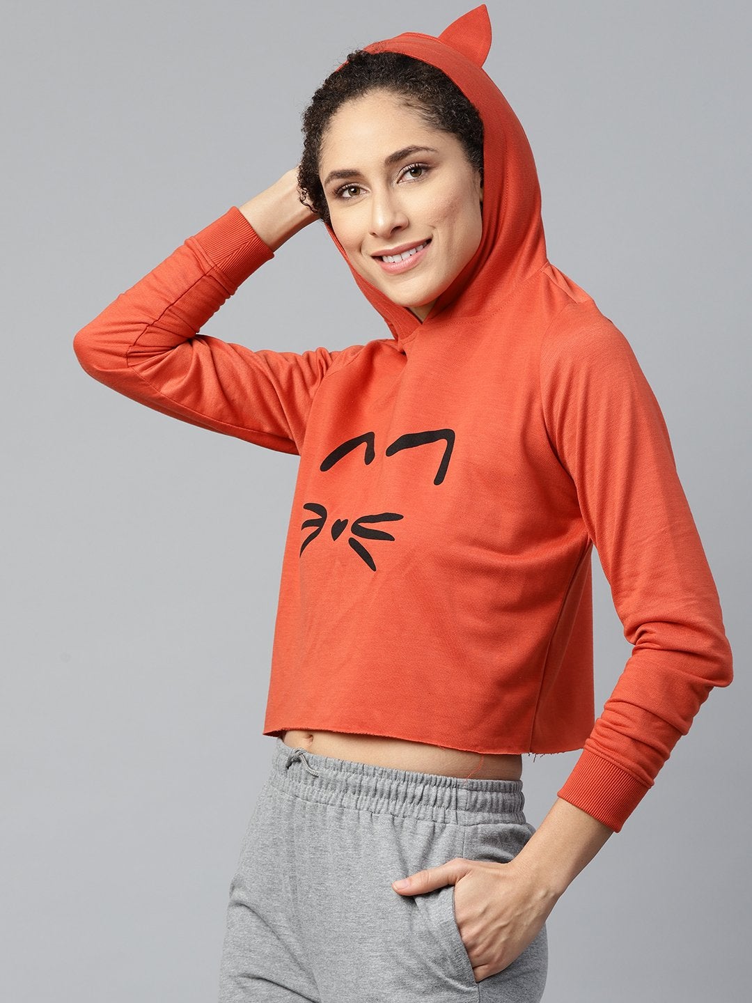 Women's Rust Kitty Face Crop Hoodie Sweatshirt - SASSAFRAS