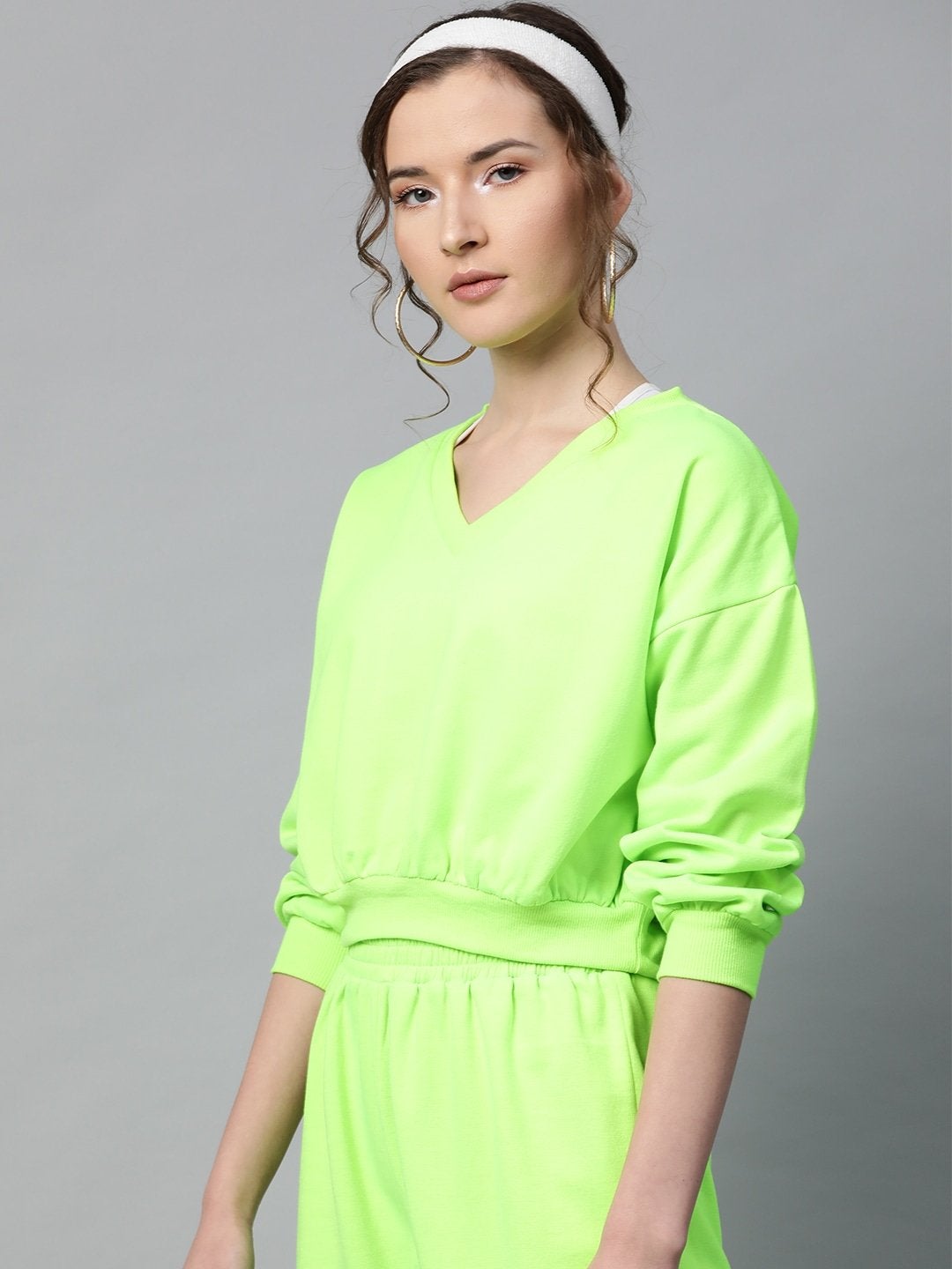Women's Neon Green V-Neck Crop Sweatshirt - SASSAFRAS