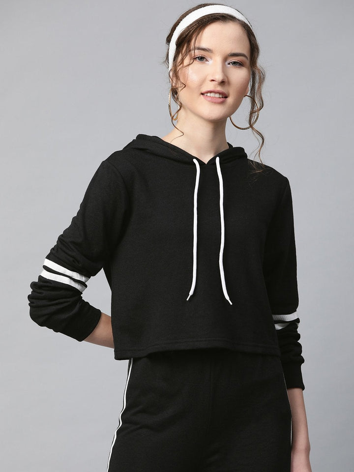 Women's Black With White Tape Crop Hoodie - SASSAFRAS
