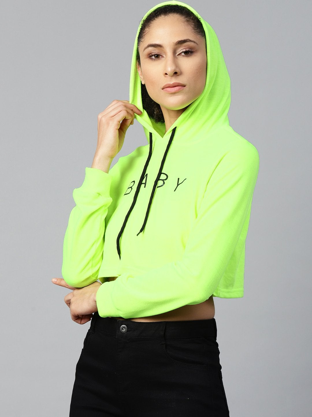 Women's Neon Green Baby-Print Crop Boxy Hoodie - SASSAFRAS