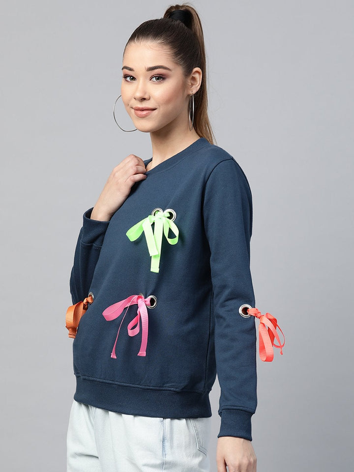Women's Teal Multicolor Ribbon Detail Sweatshirt - SASSAFRAS