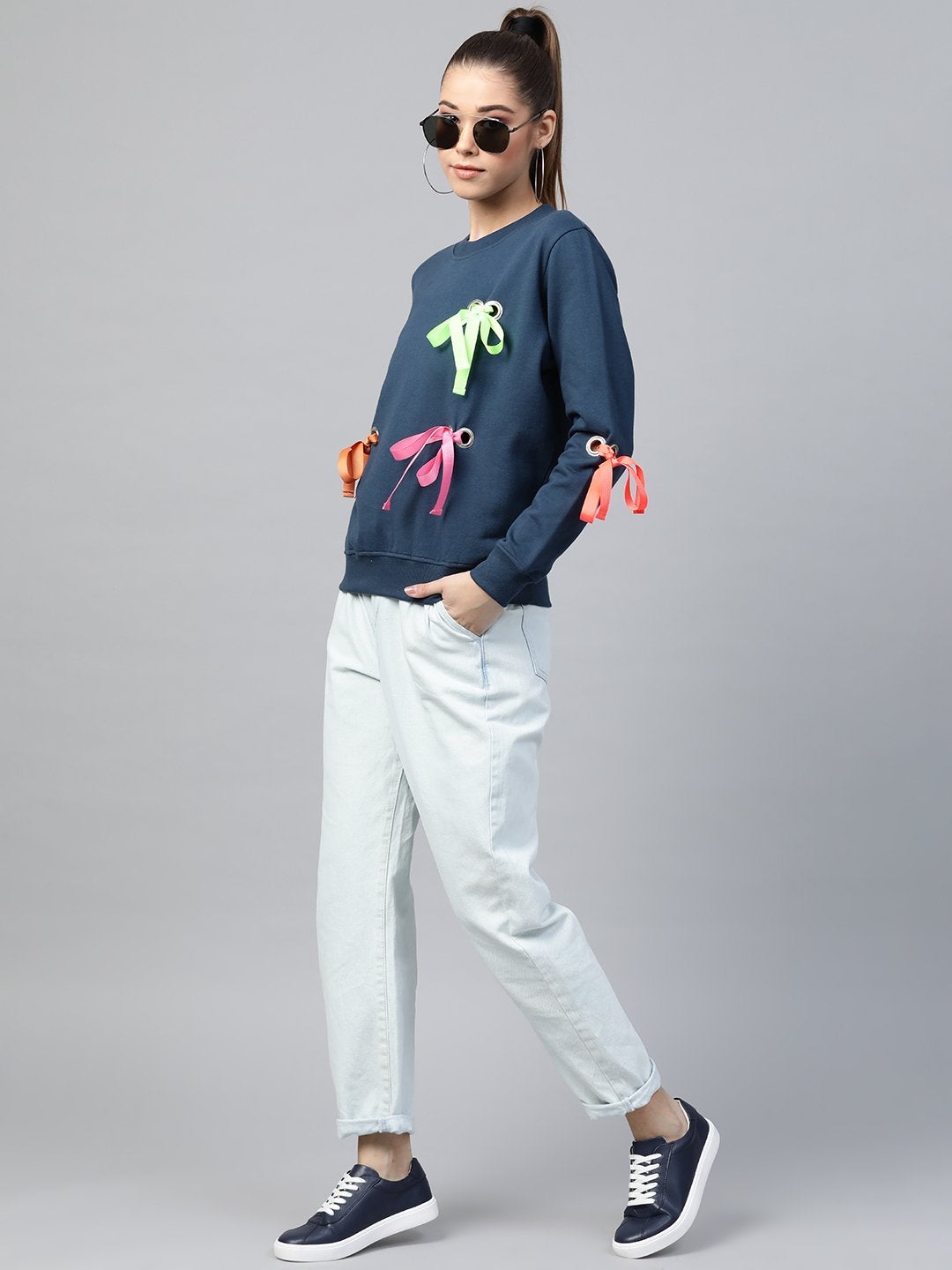 Women's Teal Multicolor Ribbon Detail Sweatshirt - SASSAFRAS
